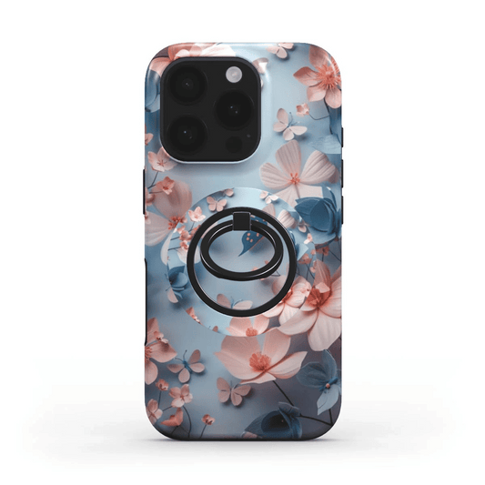 Alt-Text: Ringhalter auf komplett floraler iPhone-Hülle – Design-Match