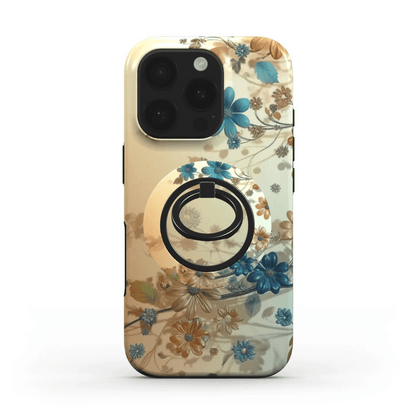 Alt-Text: Floraler Ringhalter auf vollständig passender Handyhülle in Beige & Blau
