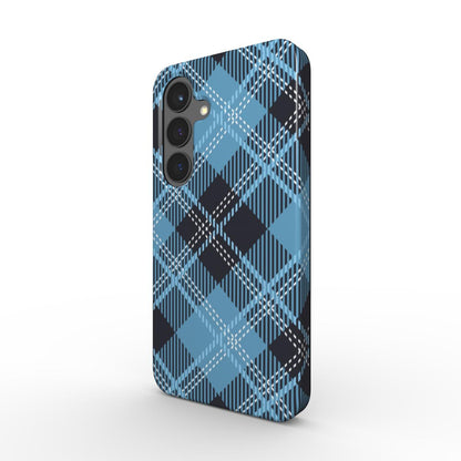 Stossfeste Handyhuelle im blau-schwarzen Karo-Design in Schraegansicht, Tough Case mit Dual-Layer PC+TPU
