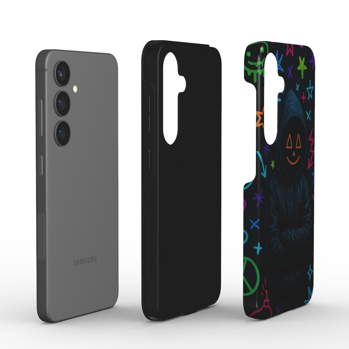 Explosionsdarstellung des Tough Case mit harter PC-Schale und schwarzem TPU-Liner im Neon-Street-Design