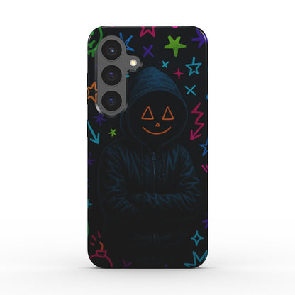 Rueckansicht der stossfesten Handyhuelle mit Neon-Icons auf schwarzem Hintergrund und erhoehten Raendern