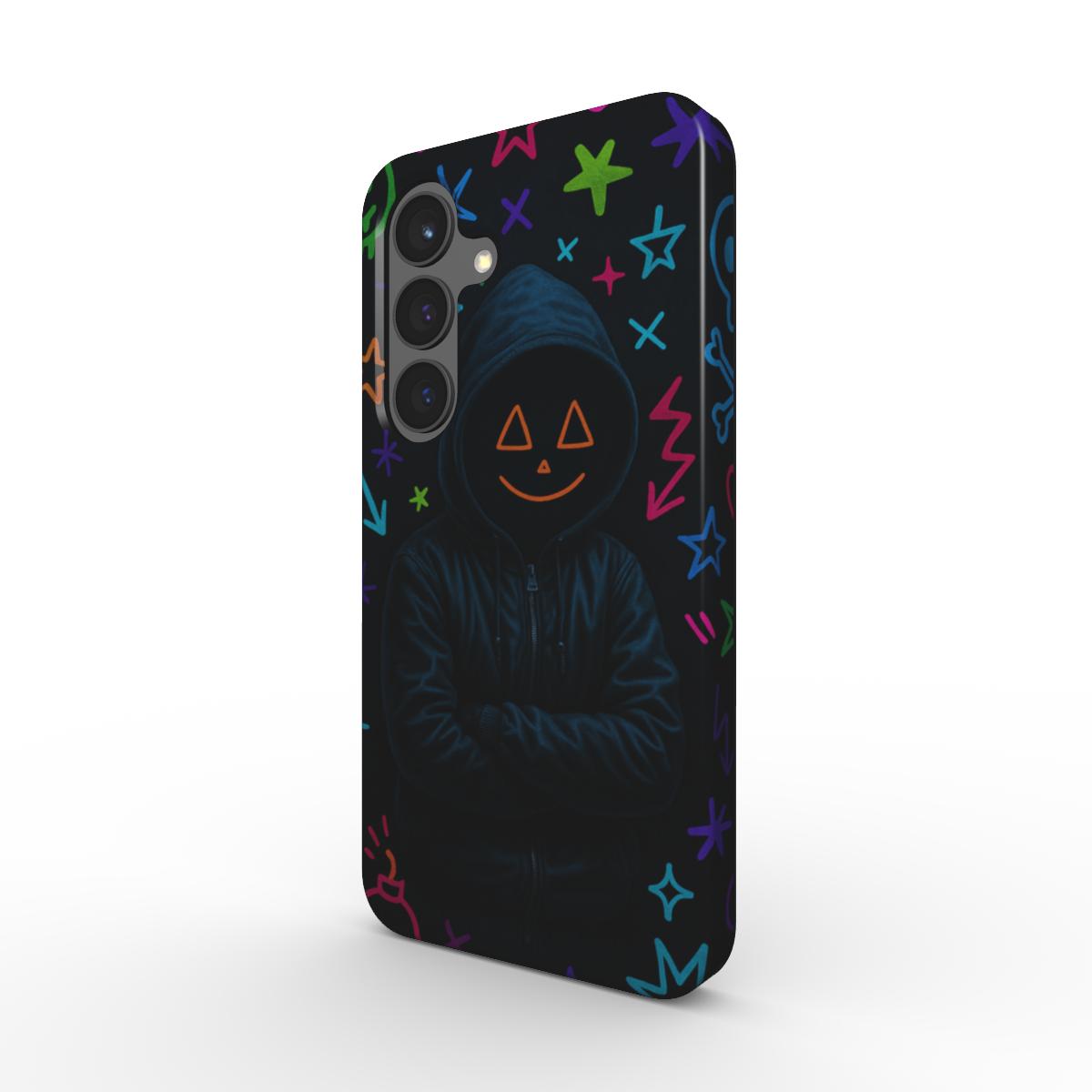 Tough Case mit Hoodie-Charakter und bunten Neon-Graffiti-Symbolen in Schraegansicht, Dual-Layer PC+TPU
