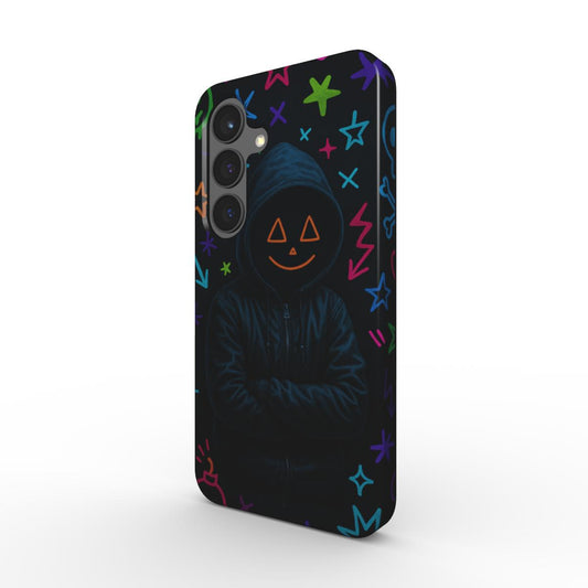 Tough Case mit Hoodie-Charakter und bunten Neon-Graffiti-Symbolen in Schraegansicht, Dual-Layer PC+TPU