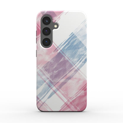 Rueckansicht der Handyhuelle mit Rosa-Blau Karo Muster und Kameraaussparung