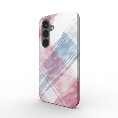 Pastell Rosa-Blau Karo Tough Case in schraeger Seitenansicht mit erhoehter Kamerakante