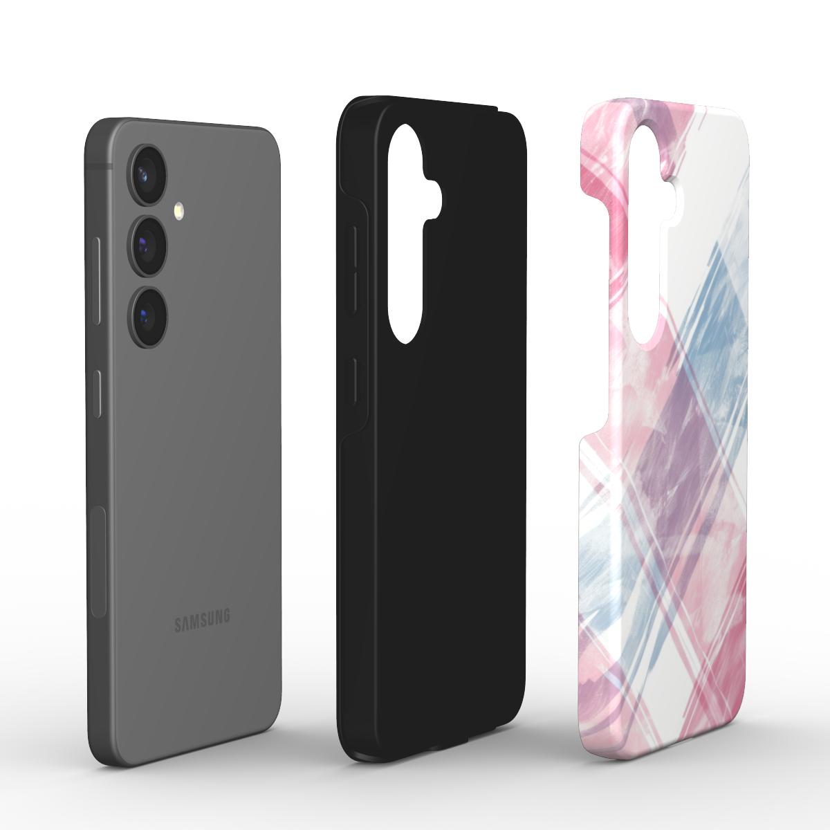 Explosionsdarstellung der Dual-Layer PC+TPU Konstruktion des Rosa-Blau Karo Cases