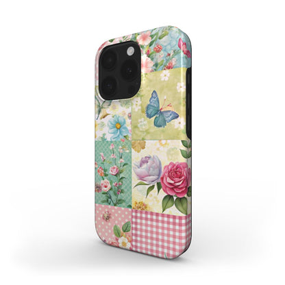 Blumen Patchwork MagSafe Tough Handyhülle – Schrägansicht