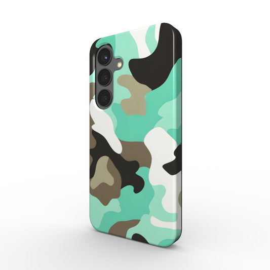 Mint-Teal Camo Tough Handyhuelle in 3/4-Ansicht mit erhoehtem Kamerarand und mattem Finish.