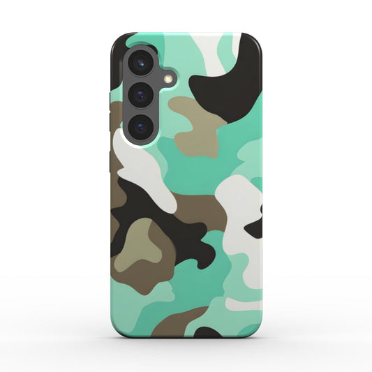 Rueckseite der stossfesten Mint-Teal Camo Handyhuelle mit praezisem Kameraausschnitt und no-fade Druck.