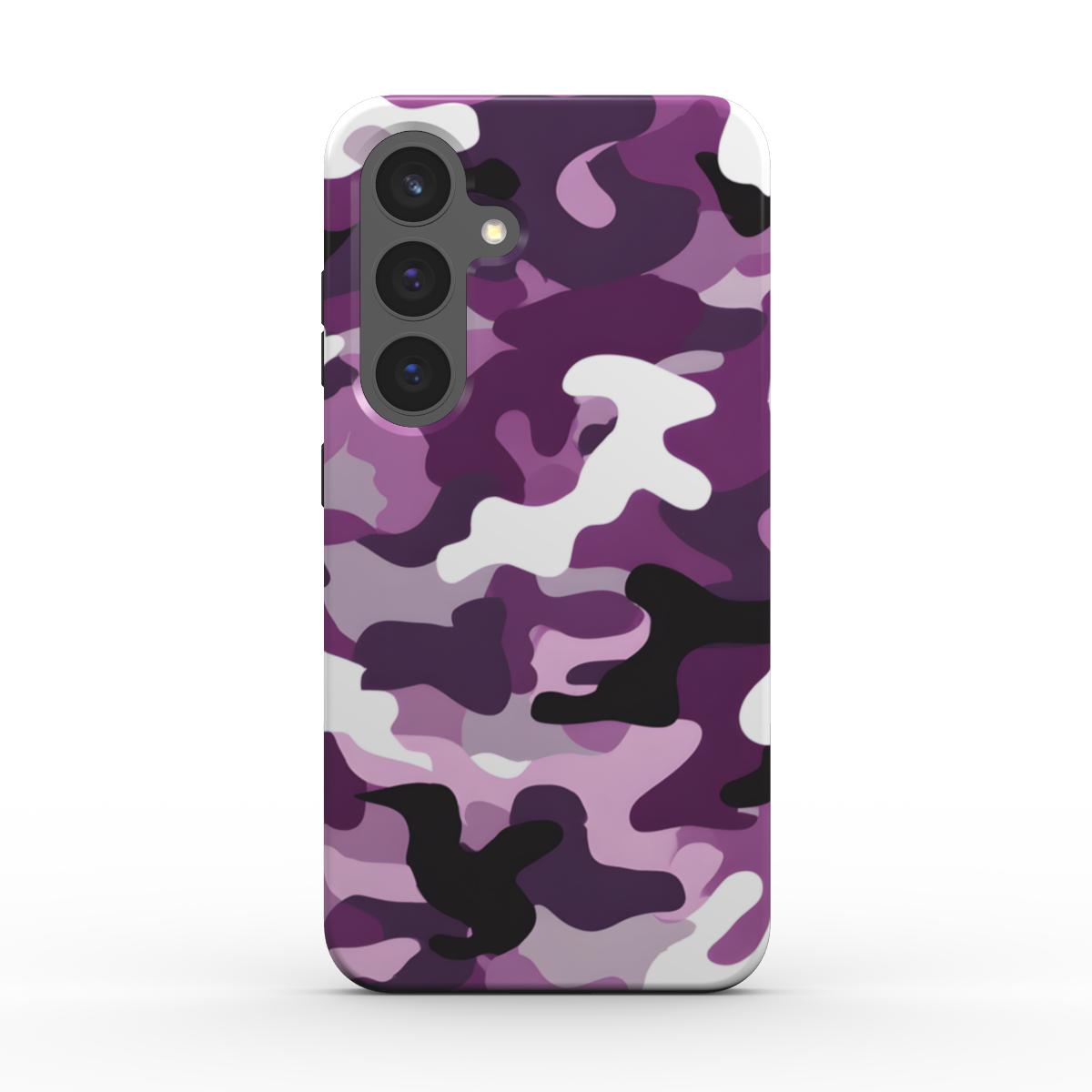 Rückseite der Camouflage Purple stoßfesten Handyhülle mit erhöhtem Rand