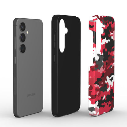 Camouflage Red Camo Stoßfeste Handyhülle – seitlich mit Smartphone und Einzelteilen