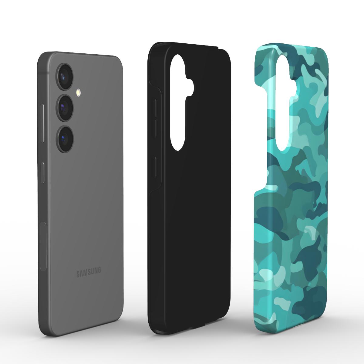 Camouflage Teal Blue Stoßfeste Handyhülle mit Innenseite und Smartphone