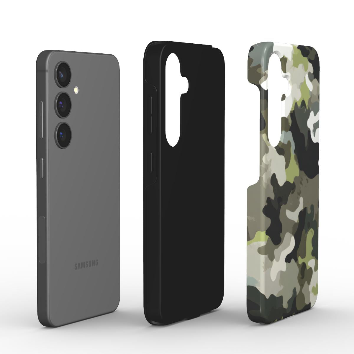 Woodland Green Camouflage Tough Case – zerlegte Ansicht mit Handy