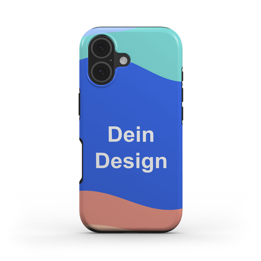 Handyhülle mit eigenem Foto – iPhone 17 mit blauem, türkisem und korallfarbenem Beispielmotiv „Dein Design“