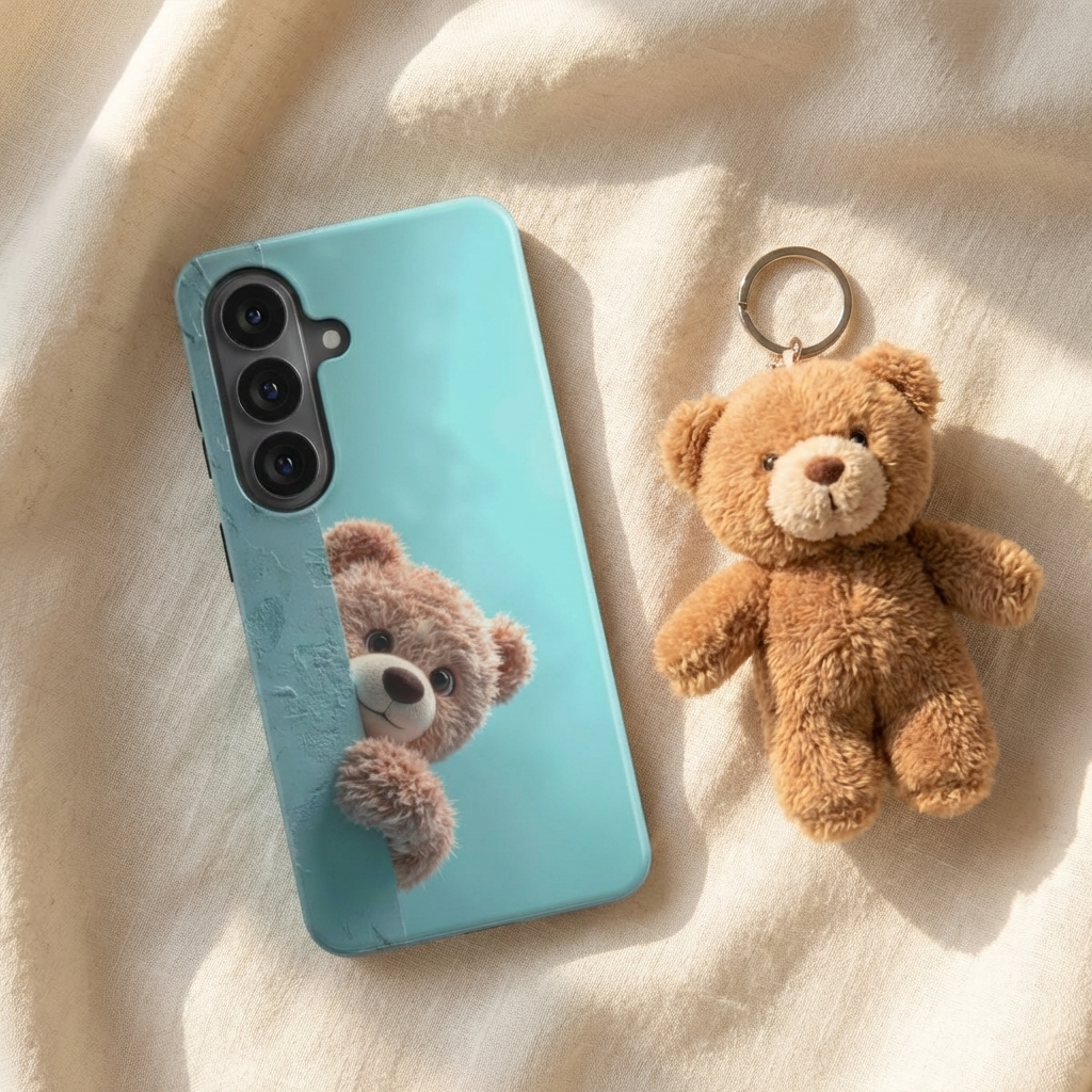 Magnetische Handyhülle mit schüchternem Teddybär auf weicher beiger Decke, neben einem kleinen Teddybär-Schlüsselanhänger