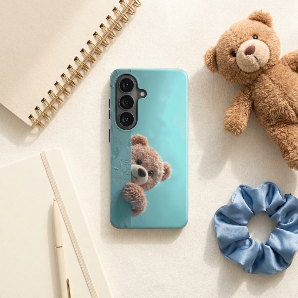 Magnetische Handyhülle mit schüchternem Teddybär auf türkisem Hintergrund, auf einem weißen Tisch neben einem Notizbuch, Stiften, einem Teddybär-Plüschtier und einem blauen Scrunchie