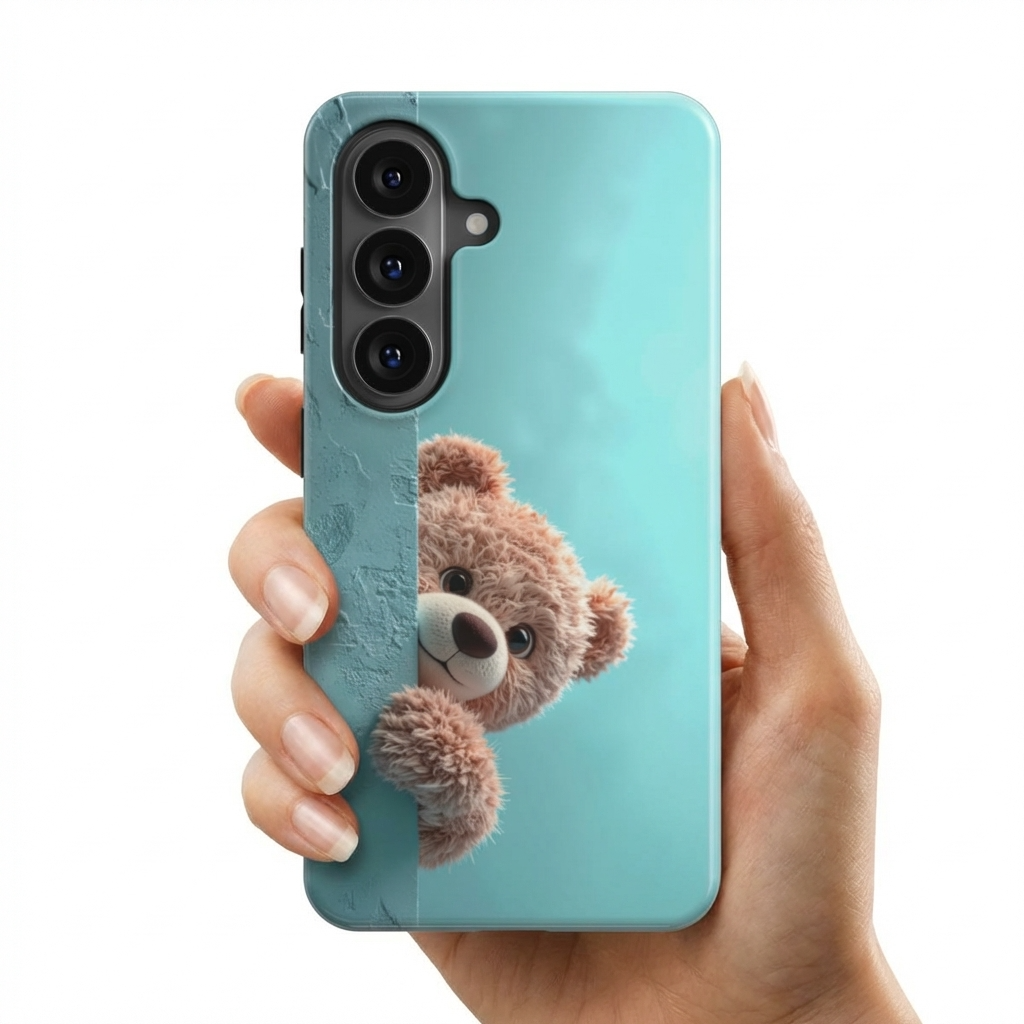 Hand hält ein Samsung-Smartphone mit türkiser Handyhülle, auf der ein niedlicher schüchterner Teddybär zu sehen ist, der hinter dem Rand hervorschaut