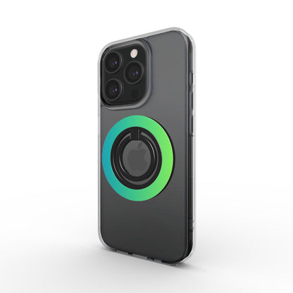 Magnetischer Ringhalter an transparenter Handyhuelle, schraeg von hinten