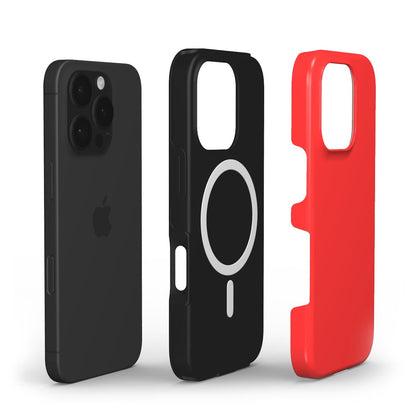 Explosionsansicht: iPhone, schwarze Innenschale mit MagSafe-Ring und knallrote Außenschale