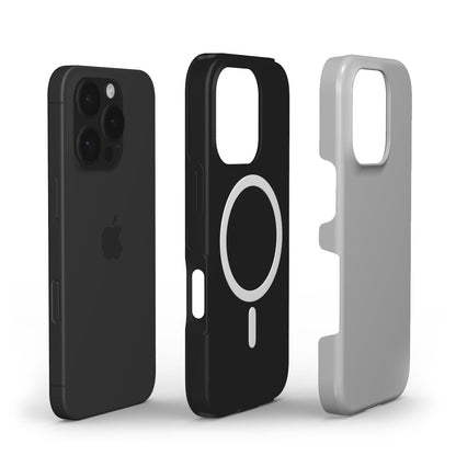 Explosionsansicht: iPhone, schwarze Innenschale mit MagSafe-Ring und steingraue Außenschale