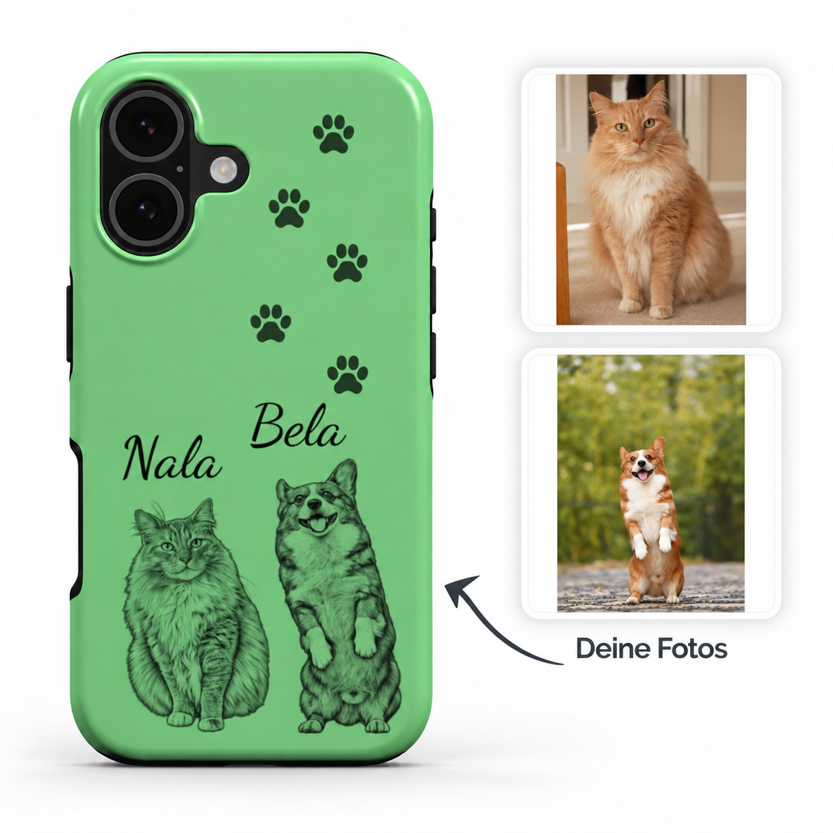 Pfoten | 07 | Blattgrün | Front – Beispiel Nala und Bela mit vollständigen Tierfotos rechts