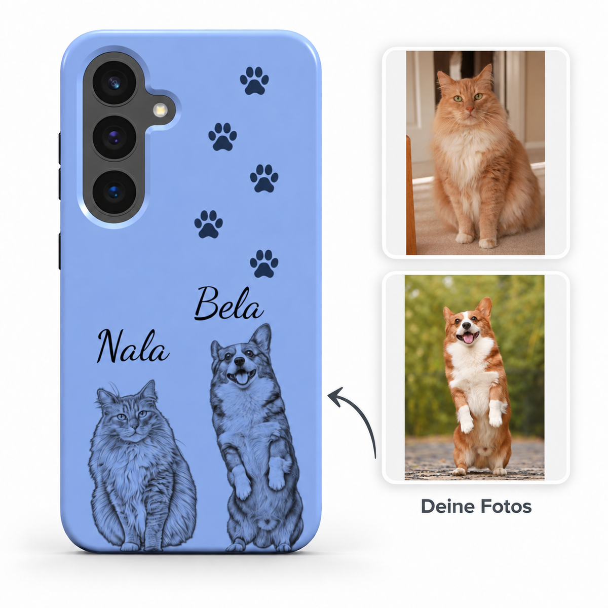 Pfoten | 10 | Kornblumenblau | Front – Beispiel Nala und Bela mit vollständigen Tierfotos rechts