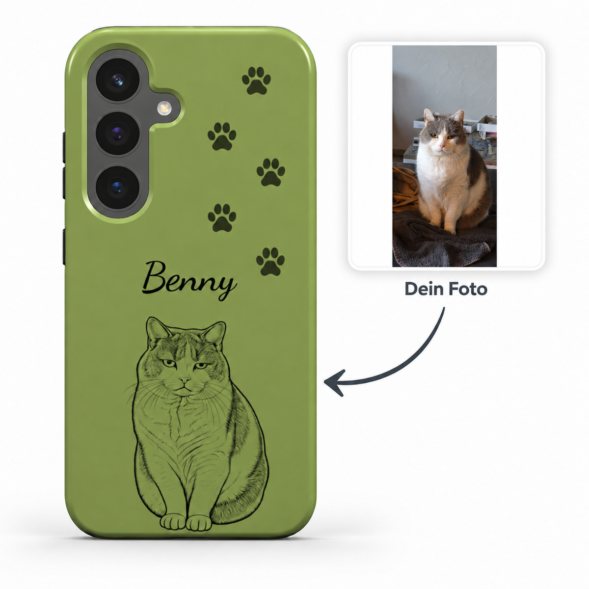 Pfoten | 12 | Olive | Front – Beispiel Benny mit vollständigem Tierfoto rechts