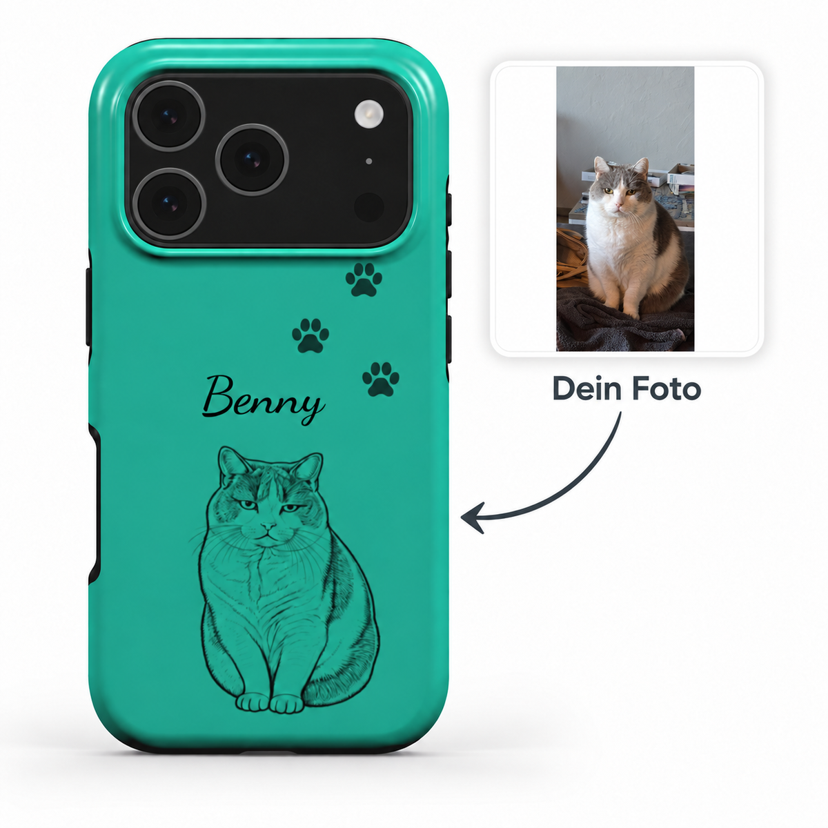Pfoten | 11 | Petrol | Front – Beispiel Benny mit vollständigem Tierfoto rechts