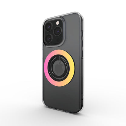  Magnetischer Ringhalter Pink-Gelb – befestigt auf schwarzer MagSafe-Hülle, Seitenansicht