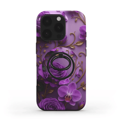 MagSafe Handyhülle Violette Rosen & Orchideen – Rückseite mit Ringhalter
