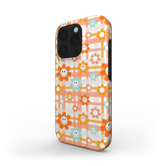 Smiley Blumen MagSafe Handyhülle mit orange-gelbem Blumenmuster