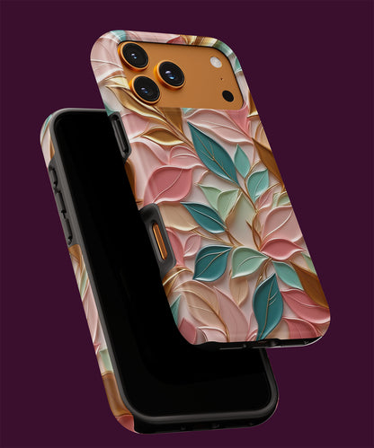 Robuste Handyhülle mit erhöhtem Kamerarand und 3D-Blätter-Design in Rosa und Grün