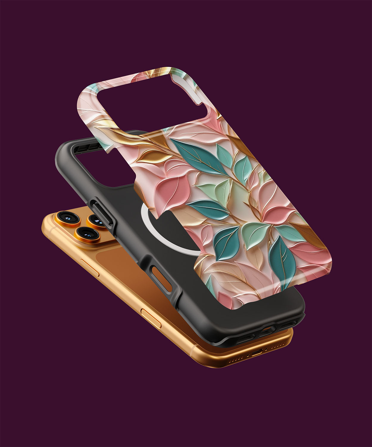 Stoßfeste Handyhülle mit passgenauen Aussparungen und 3D-Blätter-Design, montiert am Smartphone