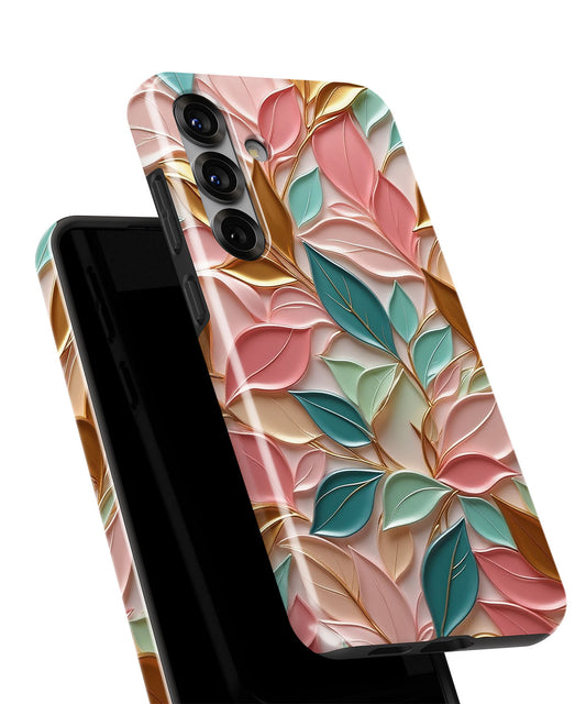 Stoßfeste Handyhülle mit 3D-Blätter-Design in Rosa und Grün, Rückansicht, Premium-Druck