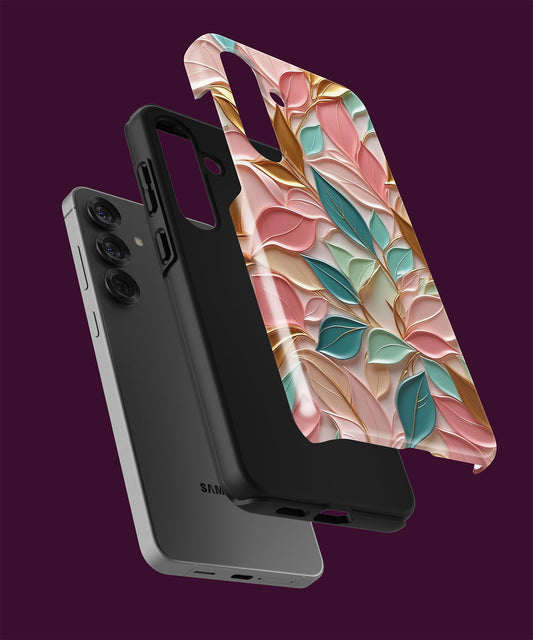 Stoßfeste Handyhülle mit plastischem 3D-Blätter-Design in Rosa-Grün, schräge Ansicht
