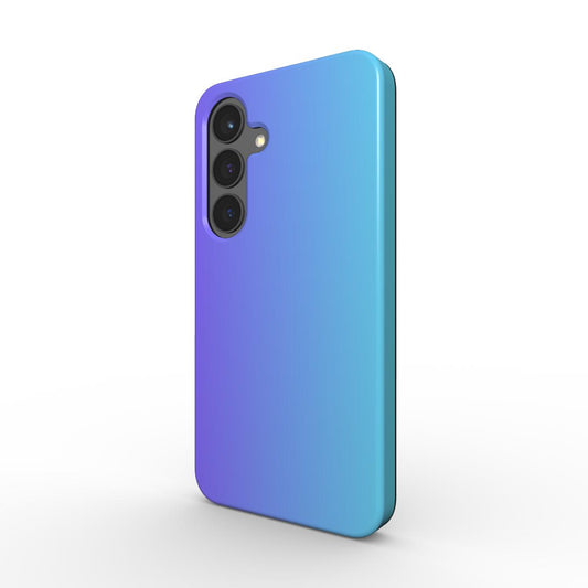 Stoßfeste Handyhülle mit Blau-Violett Farbverlauf, schräg von hinten, dual layer Design.