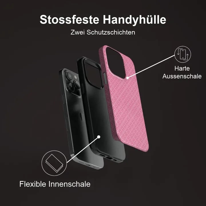 Flexible Innenschale und harte Aussenschale einer stossfesten Handyhülle mit rosa Beispielmotiv