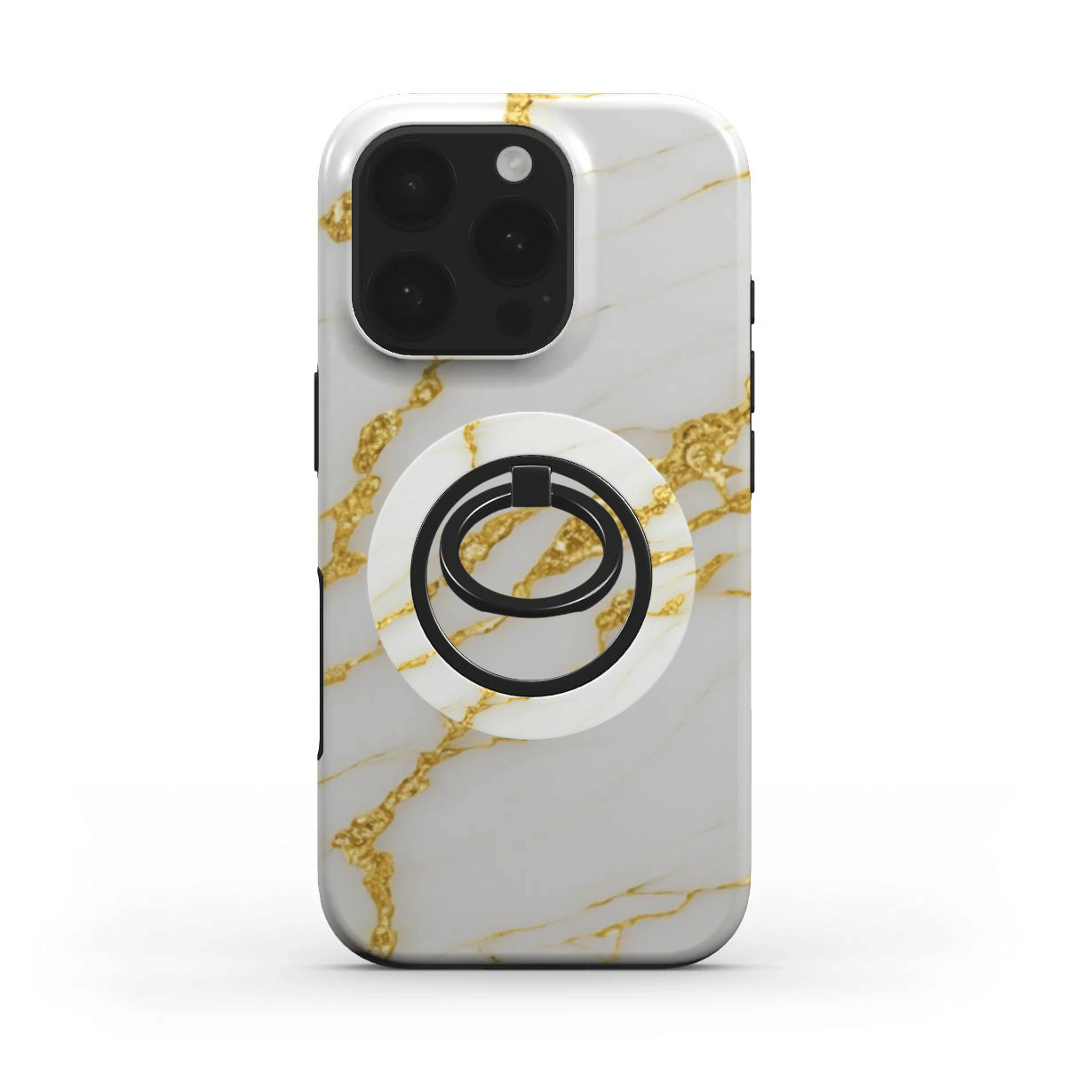 Schräge Ansicht von unten auf ein iPhone, das durch den ausgeklappten Weiß-Gold Ringhalter gestützt wird.