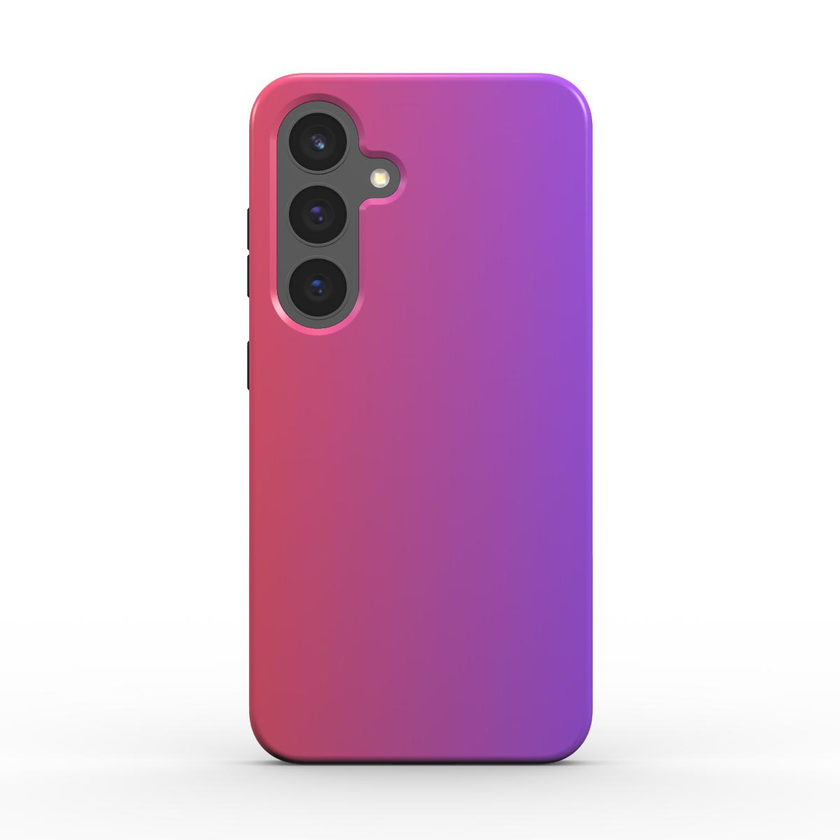 Frontansicht der Velvet Shift Handyhülle mit Pink-Violett Farbverlauf und präzisen Aussparungen.
