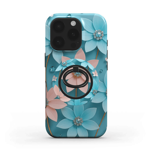 Blumen-Ringhalter auf passender Handyhülle im floralen Blau-Rosa-Design